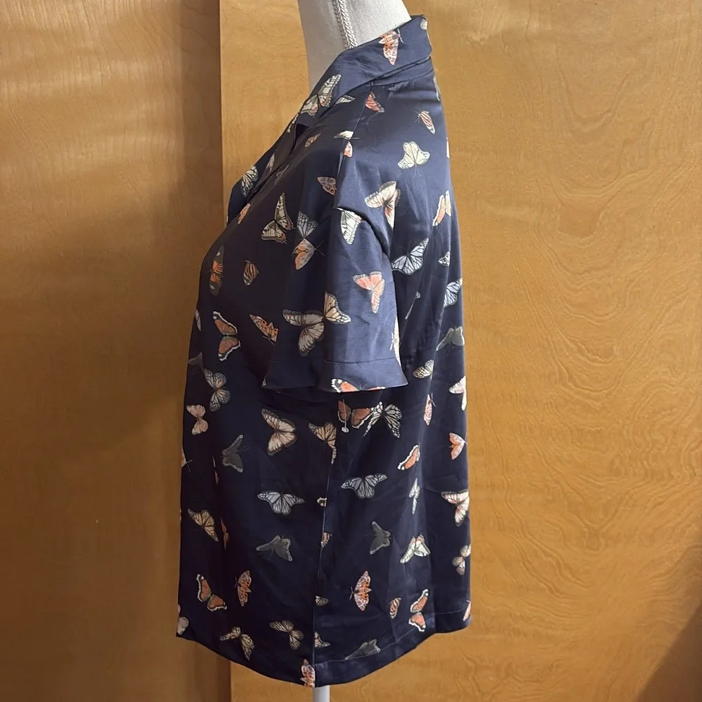 Honeydew Blue Butterfly Satin Like Pajama Top Button Down Size XS